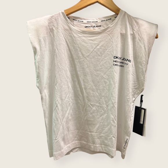 DKNY Jeans Women's Shoulder Pad Logo Muscle Tee White Large NWT - Picture 2 of 6